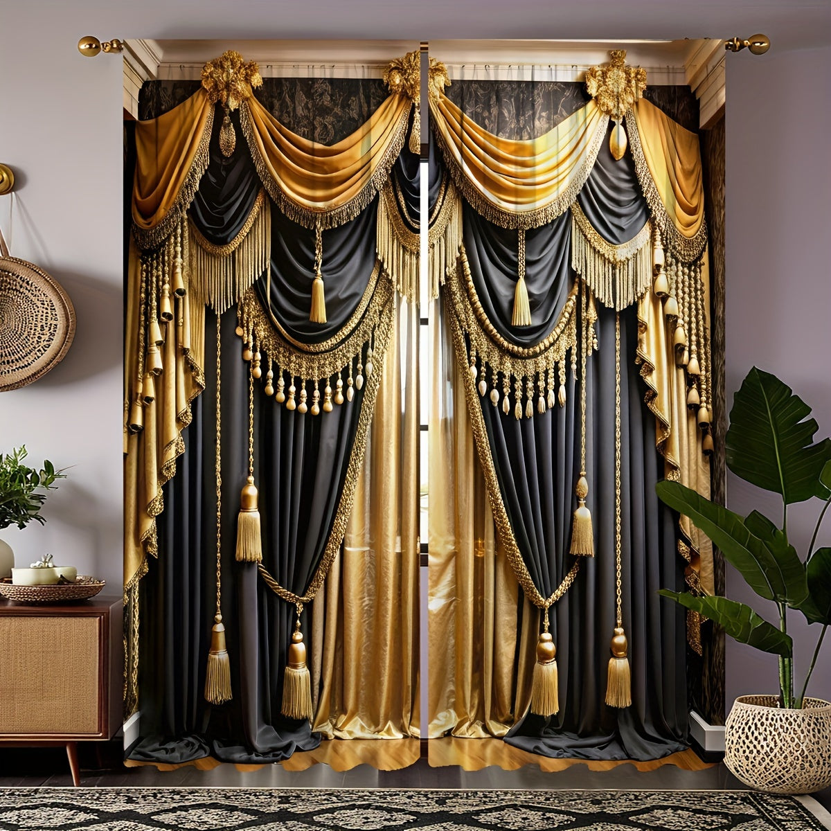 2pc Luxurious Black & Golden Valance Curtains with Elegant Rod Pocket Design, Semi-Transparent Polyester Fabric. Machine washable, perfect for living rooms or bedrooms. Ideal for study room