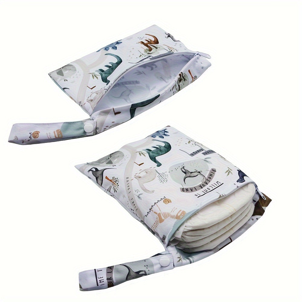 Set of 2 Asenappy Dinosaur Print Wet & Dry Bags, Made with Polyester Fiber for Waterproof and Reusable Diaper and Laundry Storage. Can also be Used as Makeup, Stroller, and Toy Organizer for Ages 14 and Up.