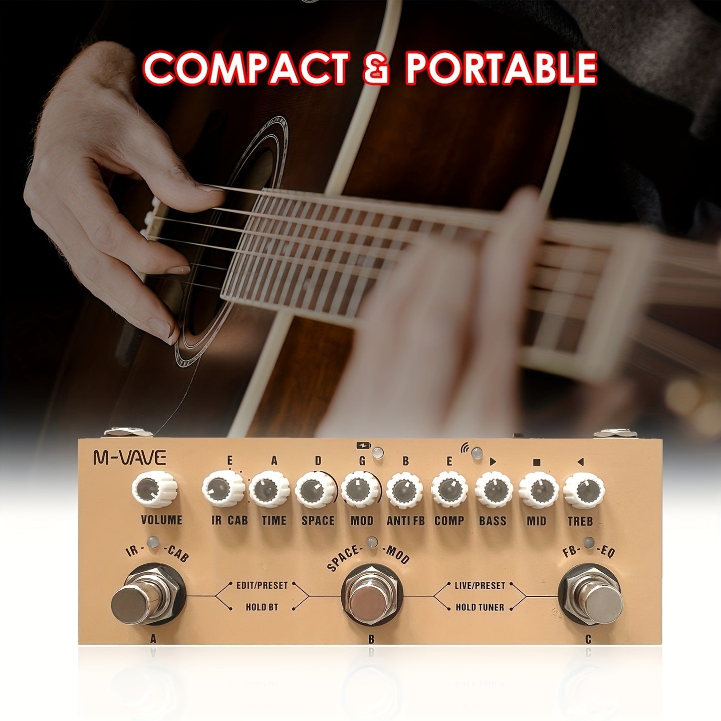 M-VAVE Portable 3-in-1 Guitar Pedal - USB Rechargeable Effects Processor for Electric, Bass, & Acoustic Guitars - Durable Iron Construction with Color-Coded Knobs, True Bypass, LCD Display