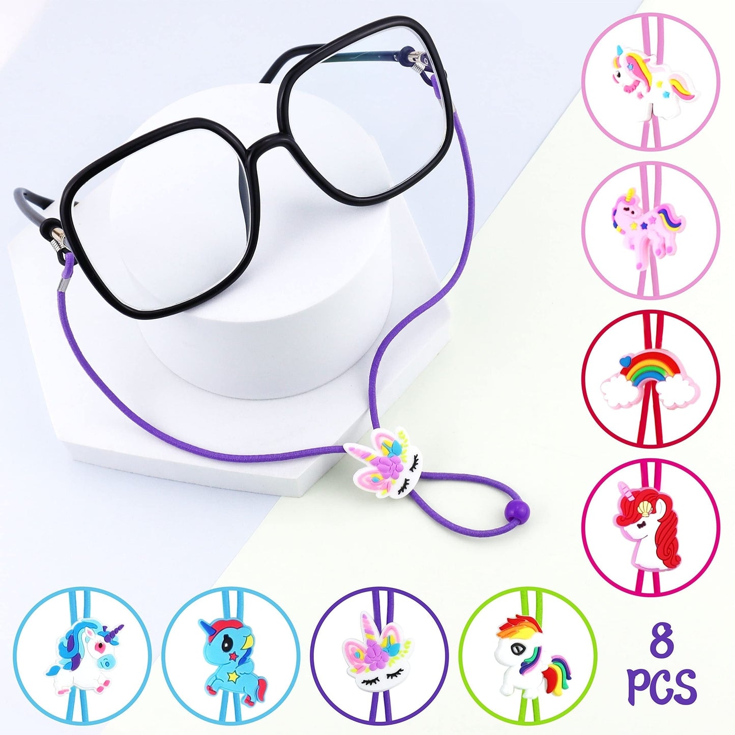 Cartoon Unicorn Glasses Strap Holder - Set of 8, Anti-Slip Glasses Cord Rope, Adjustable Sunglasses Chain Lanyard with Cute Design for Girls and Boys.