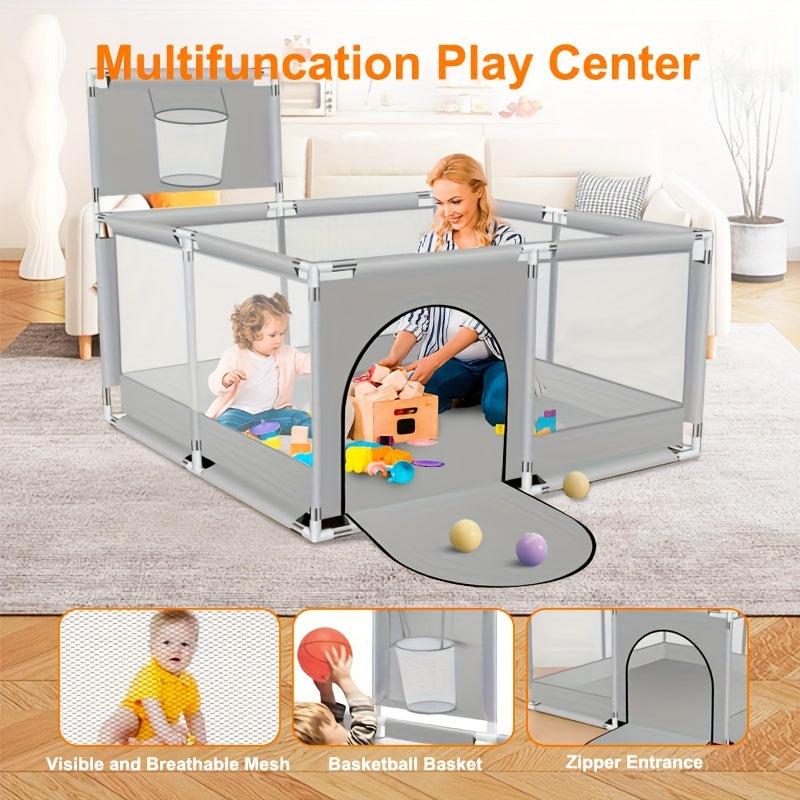 Baby playpen with a basketball hoop, guardrail, and square shape, designed for children to play and learn indoors. Includes a climbing mat for added fun and safety.