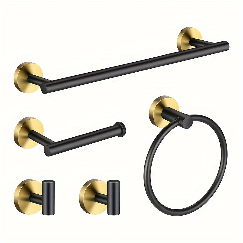 Five-piece set of bathroom accessories including a stainless steel towel rod, bath towel rod, toilet paper holder, towel ring, and Yukata hook, suitable for use in hotels or homes. Ideal for upgrading your bathroom.