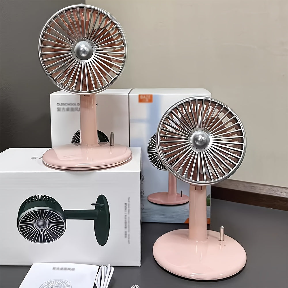 Get this essential Retro Pink USB Rechargeable Desktop Standing Fan, designed to be silent with three wind speed settings. This compact mini table fan is 90° adjustable and foldable, making it perfect for your home office.