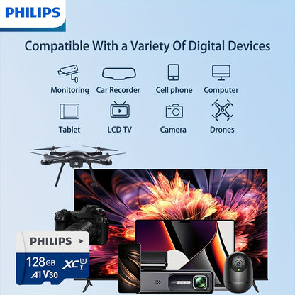 PHILIPS Micro SD card, ideal for 4K recording, monitoring, security cameras, action cameras, and drones. Features 130Mb/s read speed and UHS-I V30 Class 10 compatibility.