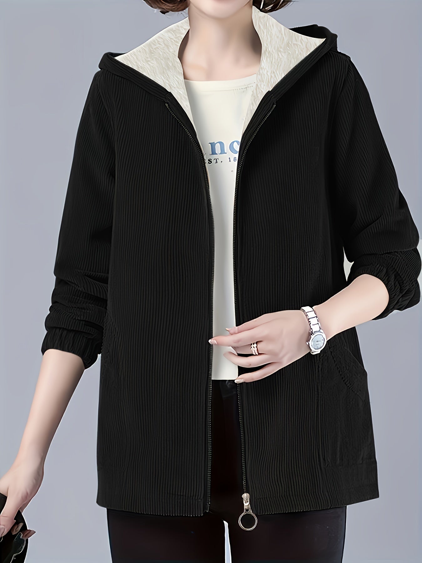 Hooded zip-up jacket for fall & winter, plus-size women's clothing.