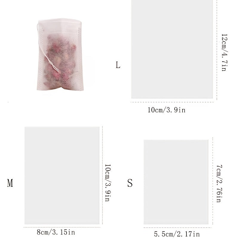 100 pieces of disposable tea filter bags made of plastic with drawstring, designed to be filled with loose leaf herbs and spices for infusion.