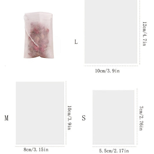 100 pieces of disposable tea filter bags made of plastic with drawstring, designed to be filled with loose leaf herbs and spices for infusion.