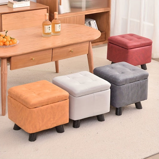 Retro-Inspired Storage Stool with Soft Cushion - Perfect for Makeup, Shoe Changing, or Home Organization - Sturdy Pine Wood Frame, Cozy Faux Fur Interior - Colors: Gray/Black, Blue/Black, Orange/Black - Footrest Ottoman