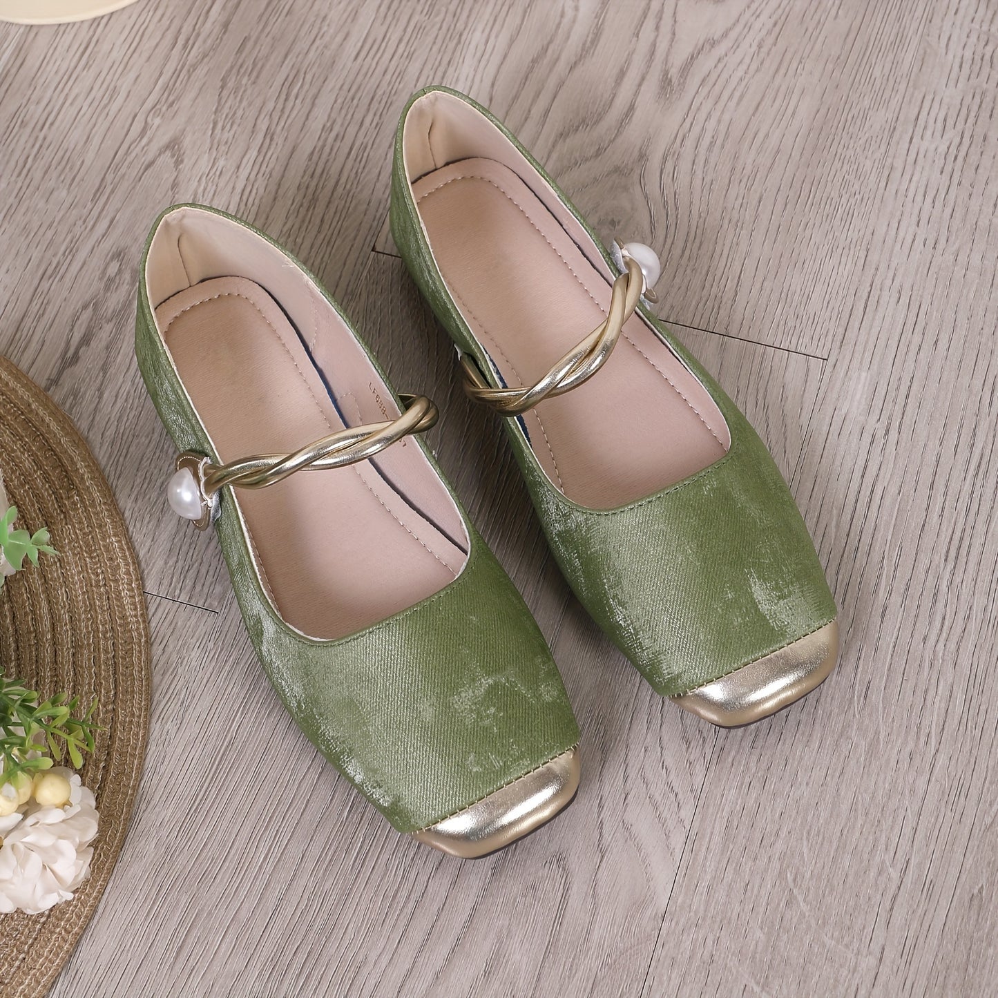 Women's elegant flat shoes with faux pearl decor, square toe, and ankle strap for lightweight comfort.