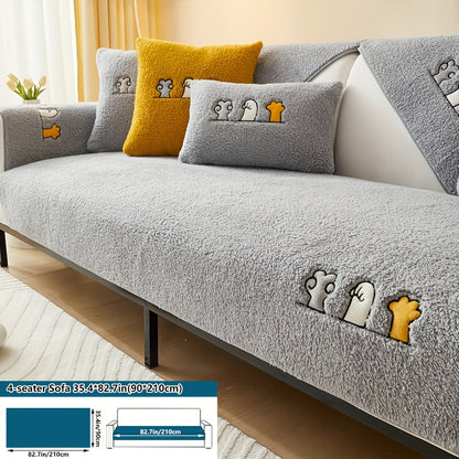 Luxurious faux lamb plush sofa cover for winter, pet-friendly and machine washable. Provides scratch protection and fits single to four-seater sofas, bedroom, and cushion.