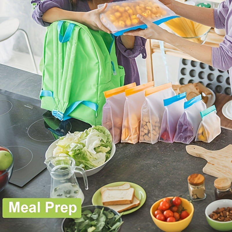 8 to 10 pieces of reusable storage bags in a pack, made of PEVA material that is free from Bisphenol A. These gallon-sized bags are leak-proof and vertical, perfect for storing food in the freezer. Also included are sandwich bags, travel snack bags, and