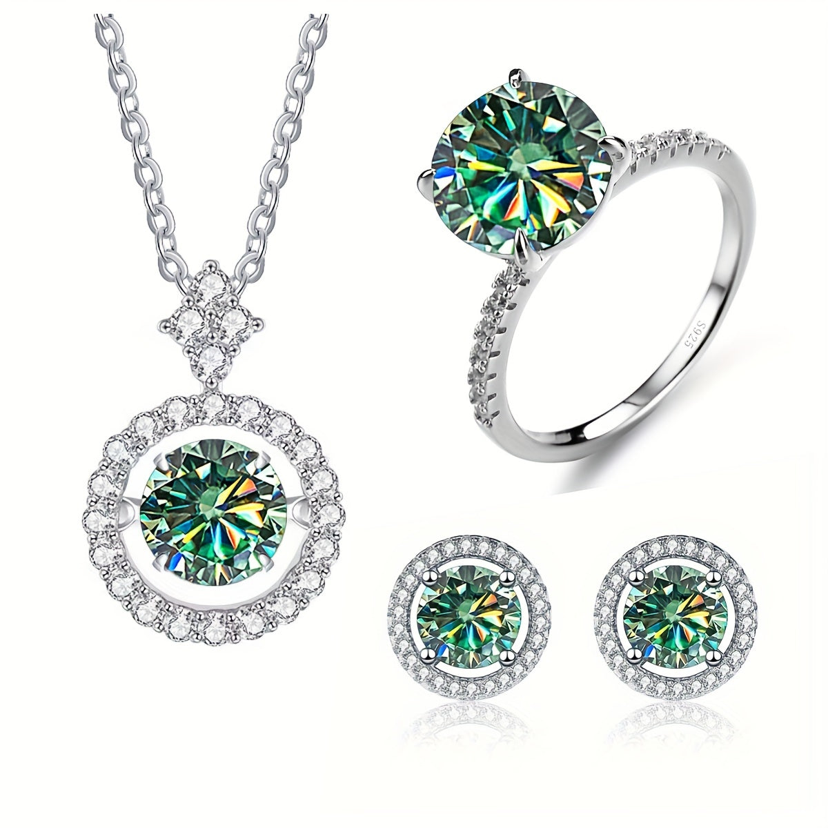 Set of 4 Moissanite Earrings (1ct each)*2, 1ct Moissanite Ring, and 3ct Moissanite Necklace in 925 Sterling Silver. Available in Multiple Colors with Gift Box