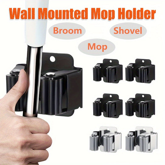 Wall mounted metal mop holder in packs of 3, 6, 12, or 24. Easy to install organizer rack for brooms and shovels. Made of heavy duty stainless steel with utility hooks.