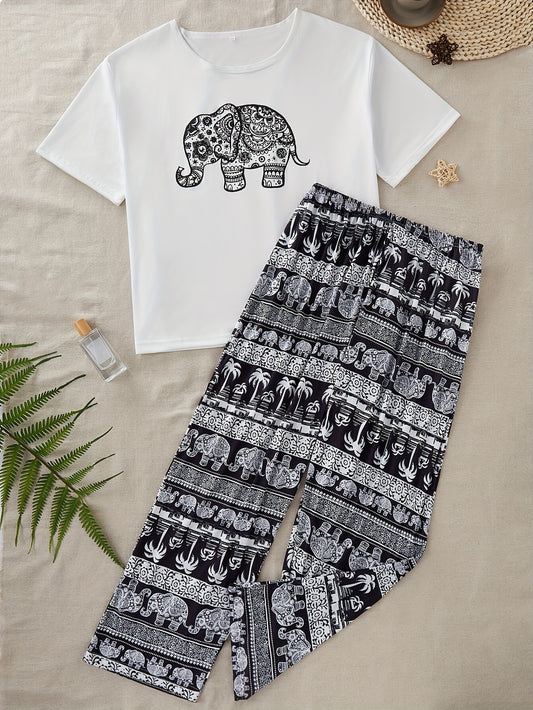 Elephant print top and long pants pajama set