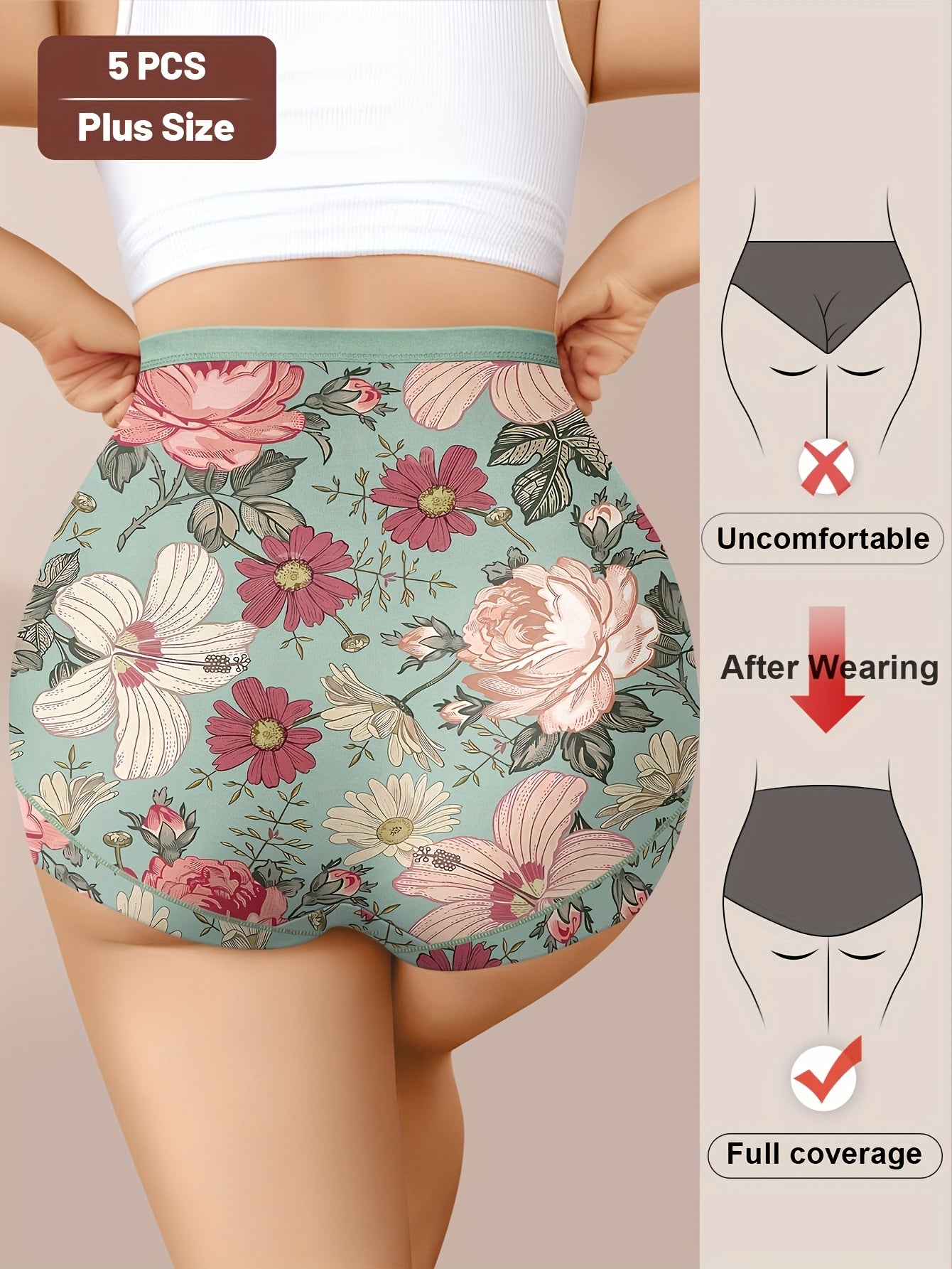 5 high-waist floral print panties for women with tummy control and butt lifting, made of comfortable polyester blend. Soft and breathable, suitable for plus size.