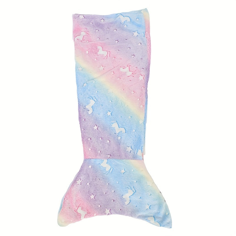 Nightlight, Youngsters Glow-in-the-Dark Mermaid Tail Flannel Sleeping Bag with Cartoon Design, Anti-Kick Quilt in Mixed Pink, Red, Blue.