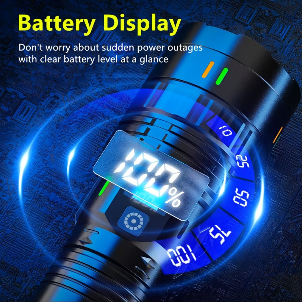 Ultra bright LED flashlight with 1000 lumens, 4 modes, 200m range, and adjustable beam. Includes a 3600mAh lithium battery that is USB Type-C rechargeable. Made of ABS material and suitable