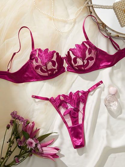 Sheer embroidered floral lingerie set with 97% polyester and 3% elastane. Adult lash sets included.