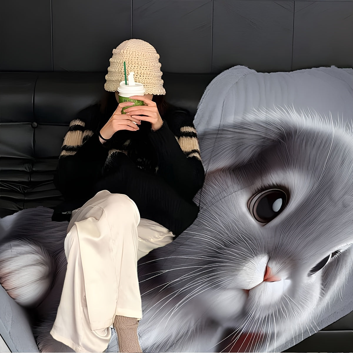 Soft, cuddly Gray Rabbit 3D Cartoon Plush Blanket - Suitable for year-round use, ideal for couch, trips, bedroom, car, work - Made from cozy polyester material