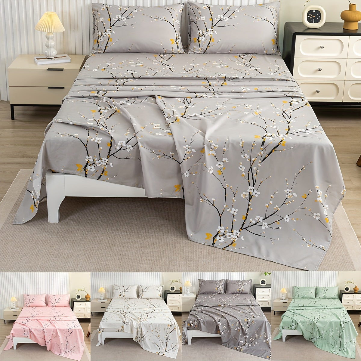 Floral Branch Fitted Sheet Set with 4 pieces, made of soft microfiber with deep pocket fitted sheet and included pillowcases. No core.