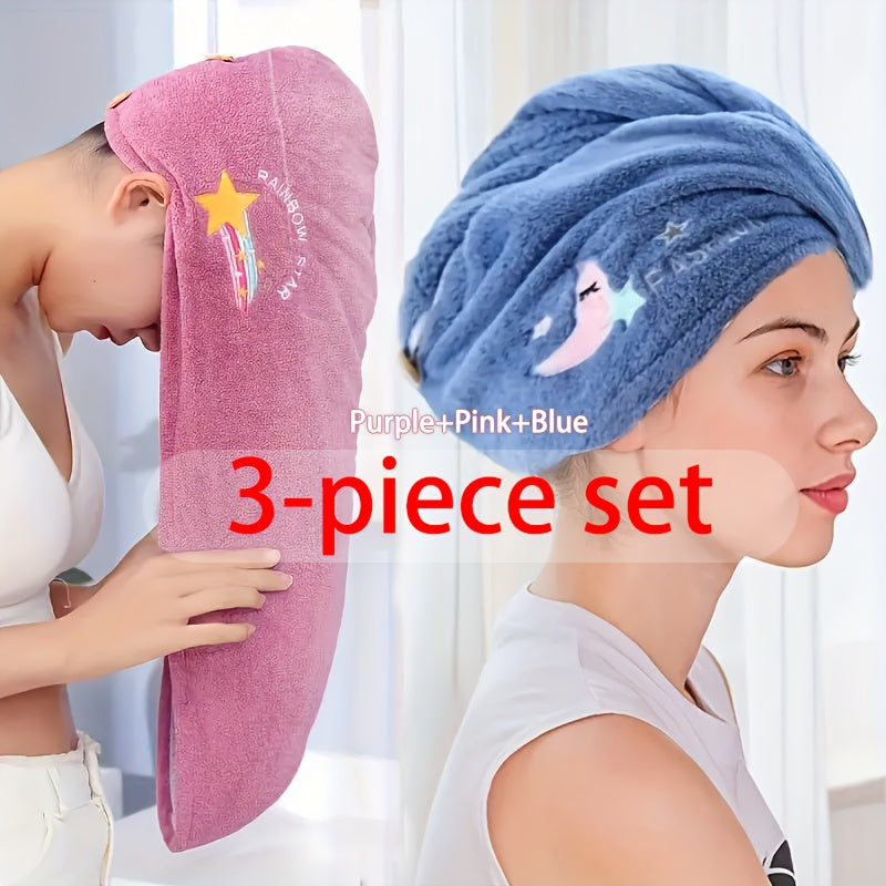 Quick-dry hair drying cap made of soft polyester with a cartoon design, highly absorbent.