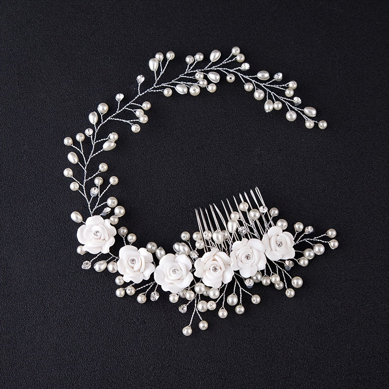 Elegant faux pearl headband headdress handmade for the bride, a perfect accessory to complement her wedding dress with beautiful rose detailing. Ideal for adding a touch of glamour to the wedding day look.