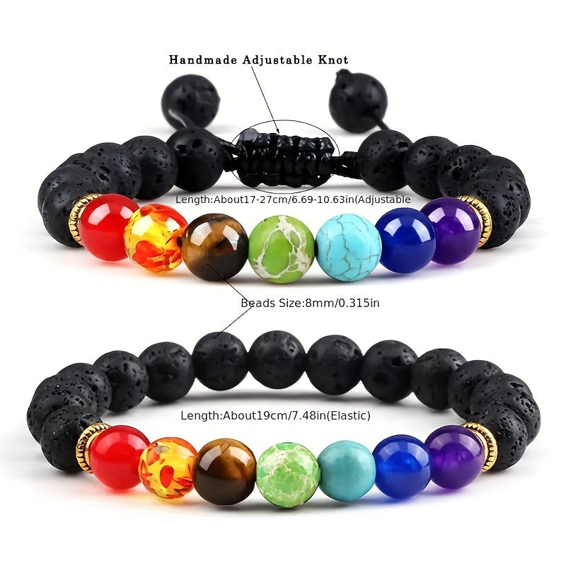 Adjustable stretch bracelet made of natural lava rock beads with 7 chakras healing properties, featuring a simple tribal style. Perfect for daily wear or special occasions to promote balance and meditation.