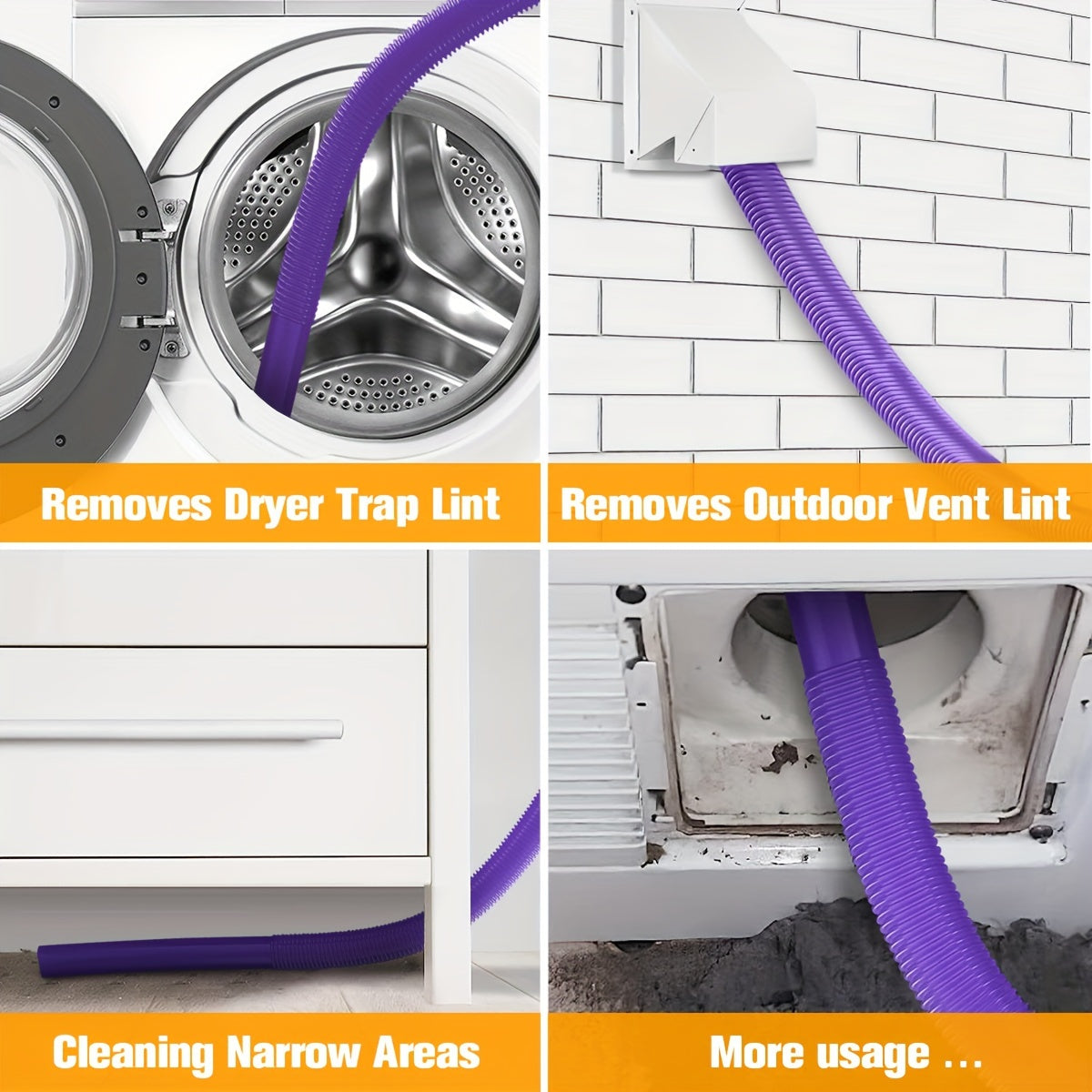 The kit for cleaning dryer vents comes with a vacuum hose attachment and includes adapters for both 32mm and 35mm. It is compatible with most handheld vacuums and includes a lint remover. The kit is colored purple.