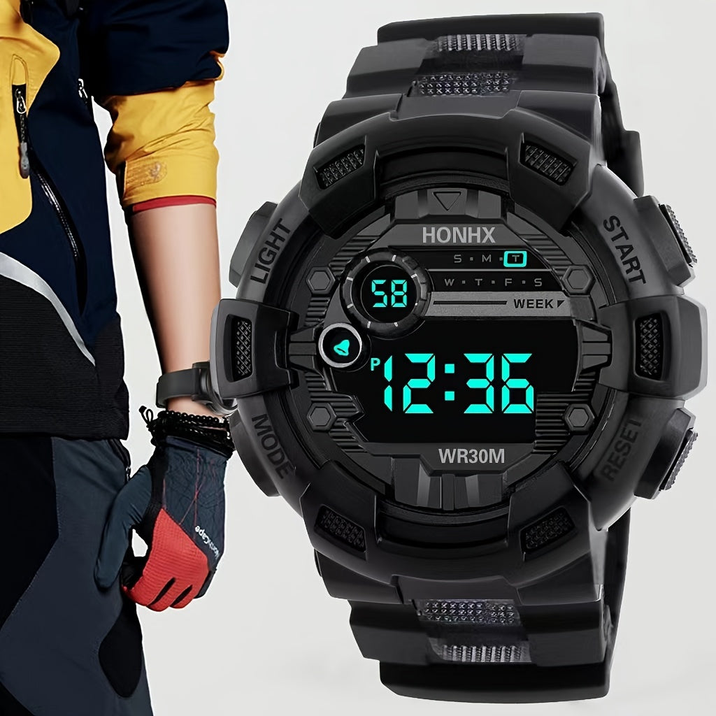 Лучший выбор: Часы HONIX Men's Deluxe Digital Sports Watch - включает секундомер, ночной свет, прочный черный пластиковый корпус и ремешок; отлично подходит для активного отдыха, идеальный вариант подарка, электронные часы.