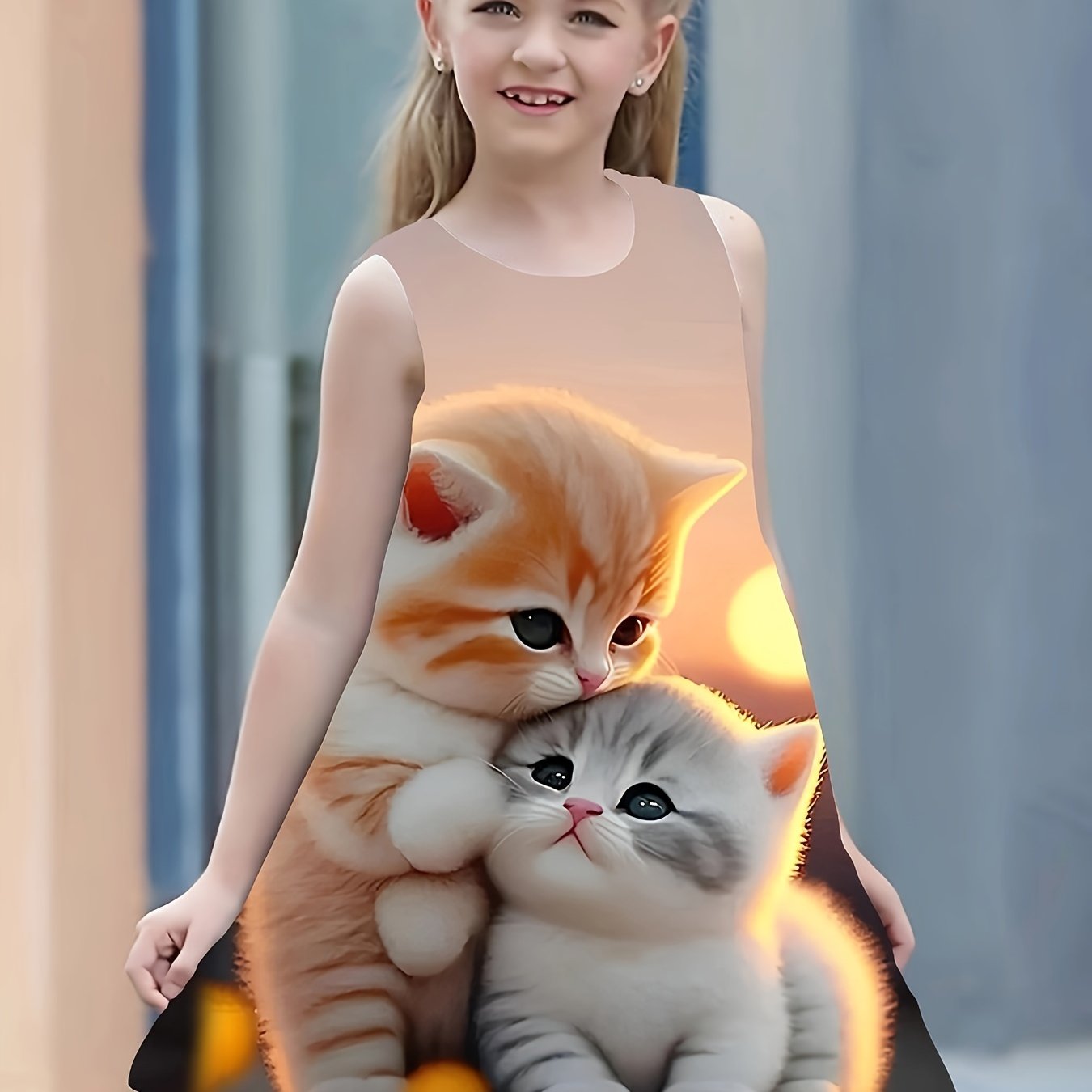 Illustrated kitten and sunset sleeveless dress for spring and summer outings.