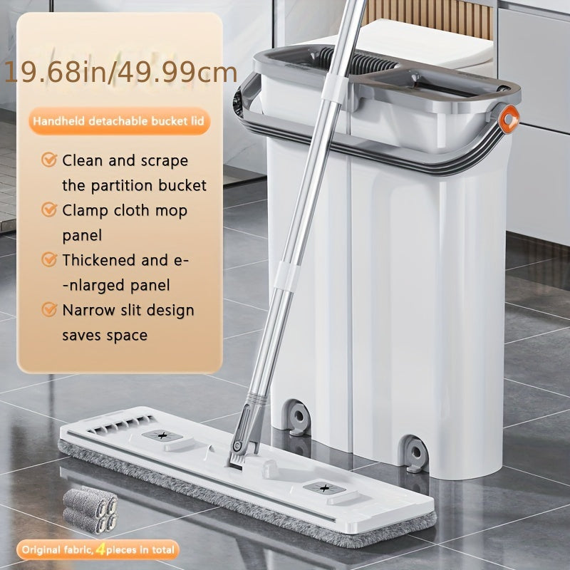 Two-in-One Stainless Steel Dual-Action Flat Mop and Bucket Set with Hands-Free Washing System - Suitable for Wet and Dry Use on Multiple Surfaces in the Living Room, Bedroom, Bathroom, and Kitchen - Made of Durable Plastic, No Electricity Required