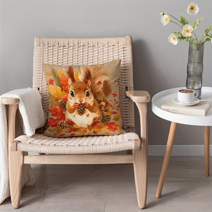 Autumnal squirrel pillow cover with sunflower and maple leaf design, suitable for home decor, 44.96cm x 44.96cm, no pillow insert included.