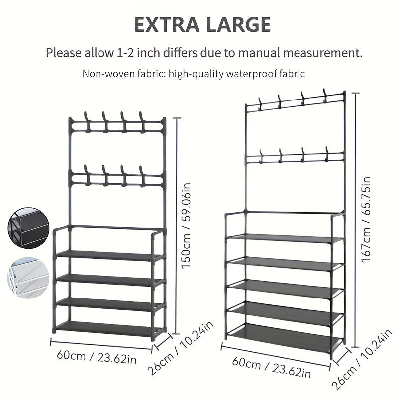 This 5-tier shoe rack is made of durable carbon steel and features 8 hooks, making it perfect for organizing shoes, bags, umbrellas, boots, hats, and more. It is a versatile storage solution that is sturdy and space-saving. Easy to assemble, this shoe