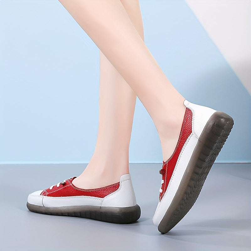 Women's Genuine Synthetic Leather Sneakers in White, Red, and Black options. Lightweight, non-slip, soft sole for all-season casual wear. Classic lace-up design with durable PVC sole.