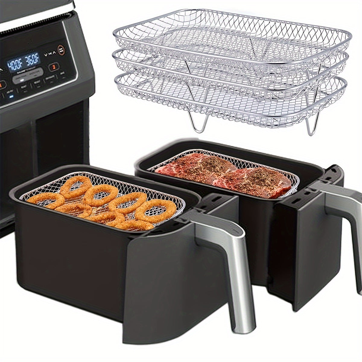 Stainless Steel 3-Piece Layered Rectangle Dehydrator Racks for Ninja Dual Air Fryer - Includes Grilling Rack, Air Fryer Rack, and Basket Tray with Clip and Heighten Feet Pad - Compatible with Double Basket Air Fryers