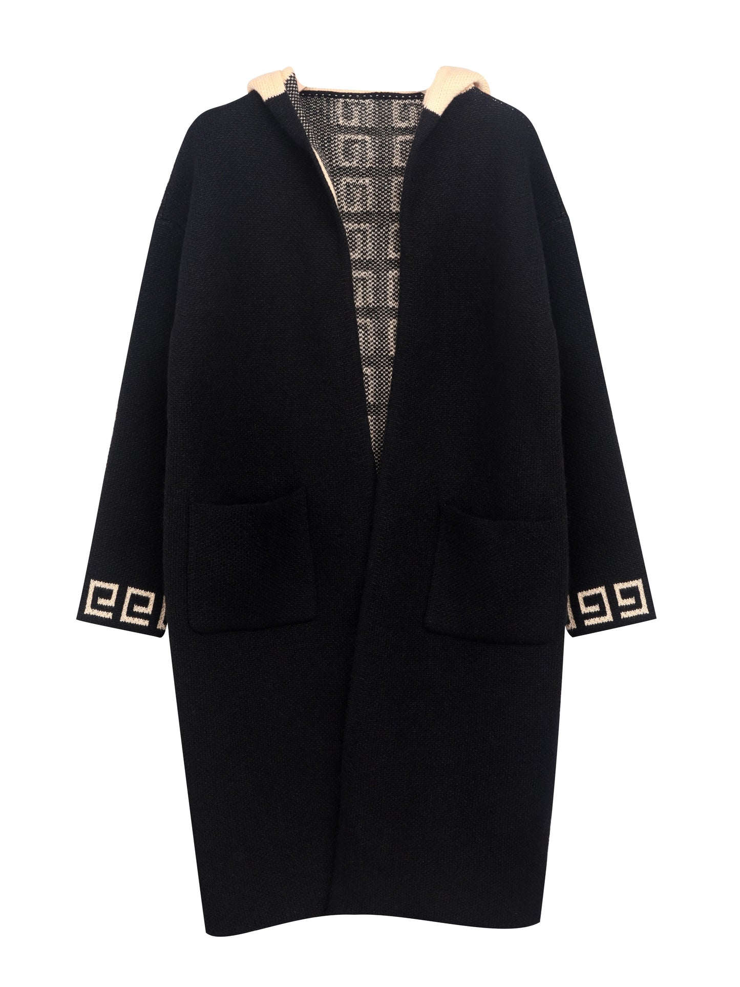 Geo pattern hooded knit cardigan coat with pocket for women's casual wear.