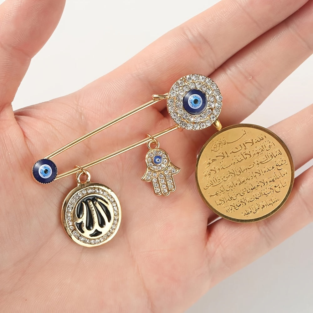 Arabian style Turkish evil eye brooch featuring Fatima hand design, a fashionable and protective amulet for Muslim men. Perfect as a gift for Islamic individuals.