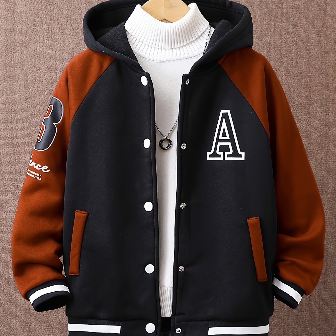 Stylish boys' color-block hoodie with 'A' print, perfect for fall/winter. Machine washable.