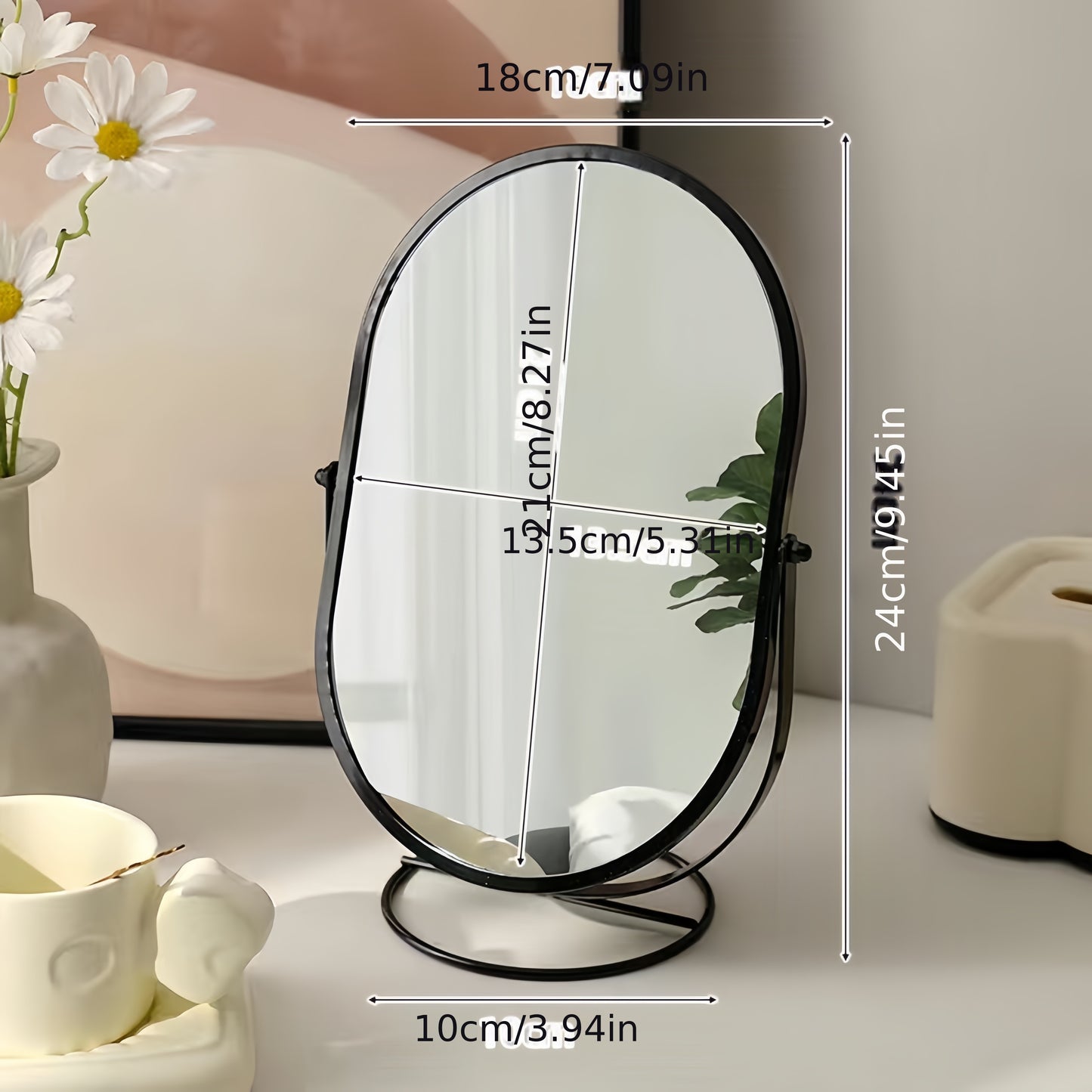 360° rotatable freestanding makeup mirror with iron frame, high-definition surface, perfect for bedroom or vanity table.