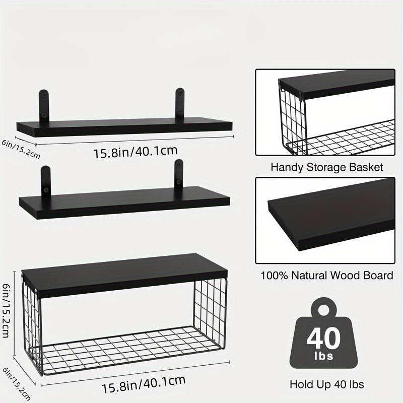 Wooden floating storage rack with paper towel and toilet paper baskets for bathroom organization and country home decor.