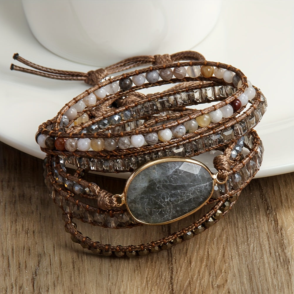 Multi-layered hand rope jewelry accessory made from colorful natural stones, designed as a wrap bracelet.