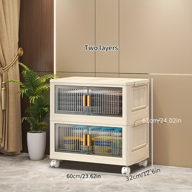 Foldable plastic storage cabinet with multiple layers for easy assembly and space-saving organization. No power required, ideal for home storage on desks and drawers.