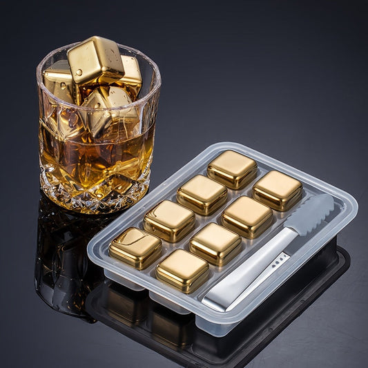 Set of 8 Stainless Steel Ice Cubes with Silicone Tong - Reusable Chilling Rocks for Whiskey, Cocktails, and Beverages. Quick-Freeze Metal Whiskey Stones, Food-Grade and perfect for Home Bar and Parties. Comes in Golden color, great for Wine Chilling and