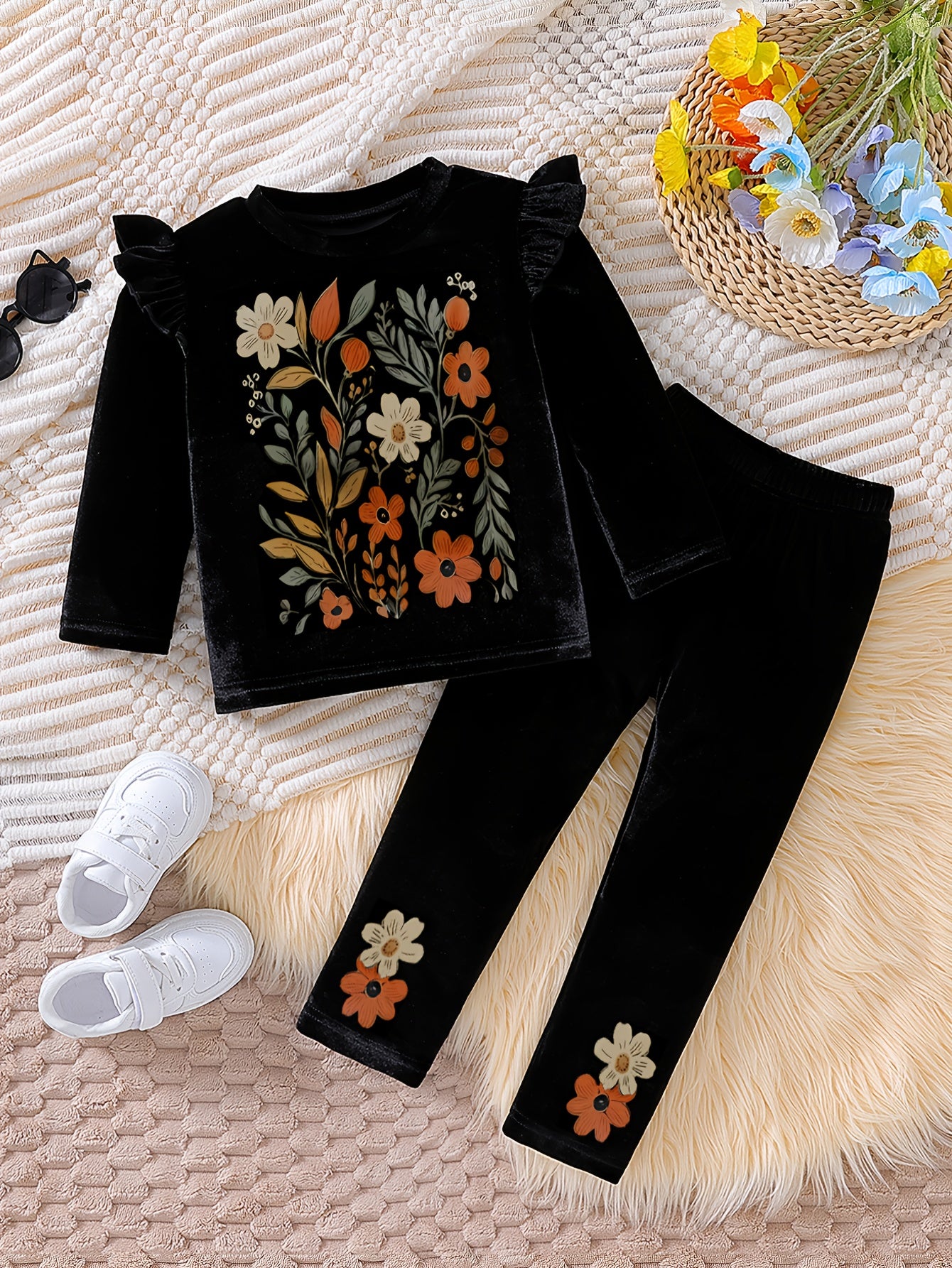 Fashionable girls' floral printed top with round neck and short sleeves, paired with matching long pants. Ideal for daily wear, outdoor leisure, shopping, and the spring/summer season.