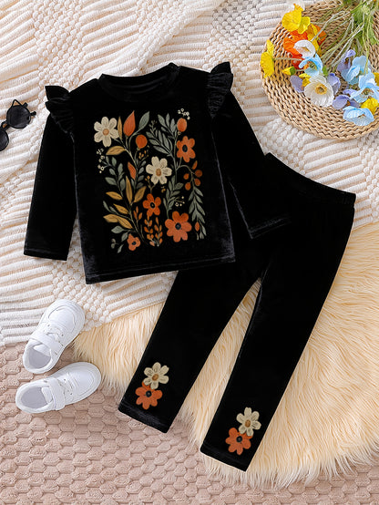 Fashionable girls' floral printed top with round neck and short sleeves, paired with matching long pants. Ideal for daily wear, outdoor leisure, shopping, and the spring/summer season.