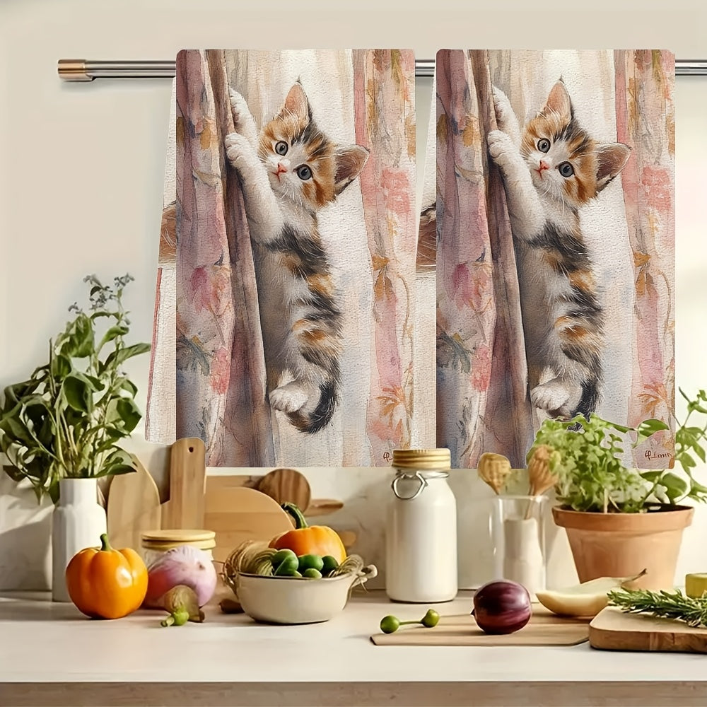 Two pieces of ultra soft kitchen towels featuring an adorable kitten climbing curtains design. These highly absorbent and machine washable dish hand towels also showcase a contemporary floral pattern. Ideal for home decor, these towels measure