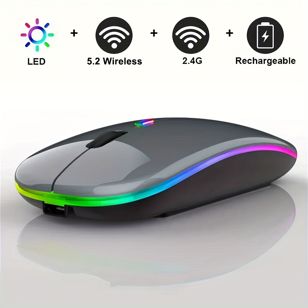 Rechargeable wireless gaming mouse with LED backlight, dual-mode 2.4G/5.2, slim design for laptops and desktops.