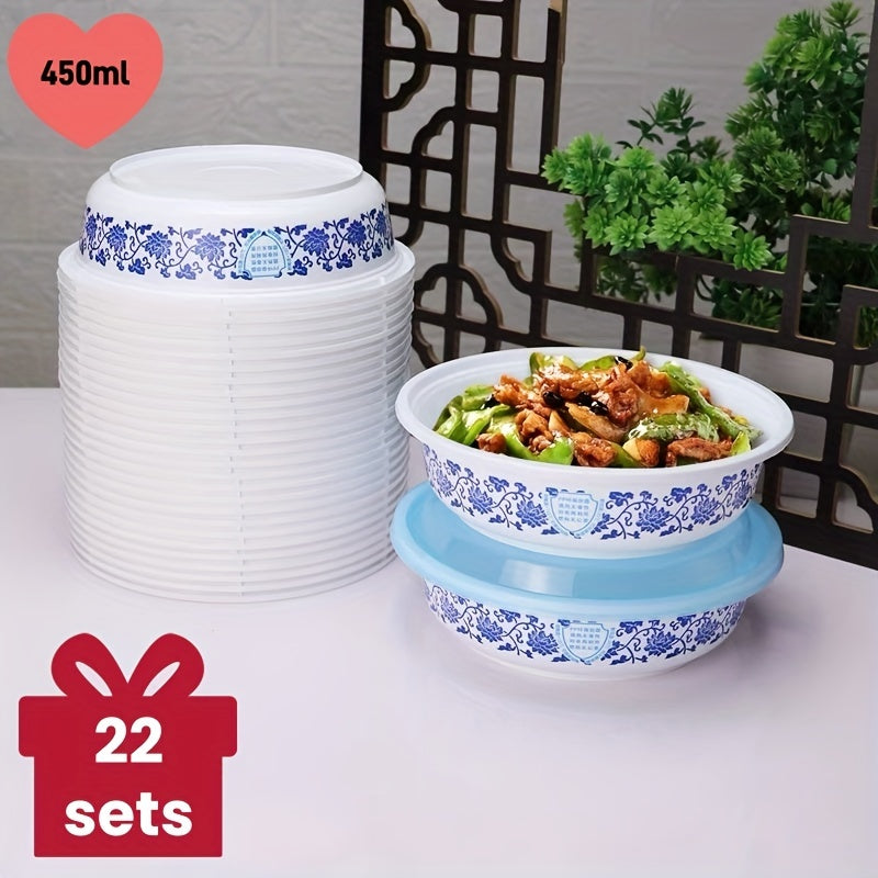 Set of 22 450ml Blue and White Porcelain Pattern Meal Prep Containers with Lids - Made of BPA-Free, Stackable, Reusable Materials, Safe for Microwave/Dishwasher/Freezer Use - Perfect for Soups, Salads, Desserts, Snacks, and Food Organization|Elegant