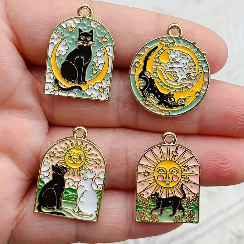 Set of 8 Sun & Moon Cat Charms - Enamel Pendants with Gold Plating for Making DIY Jewelry, Necklaces, and Earrings