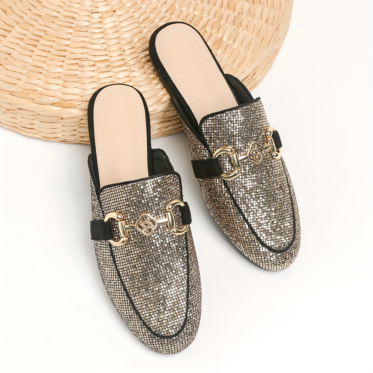 Golden sequin mules with metallic buckle, almond toe, faux leather upper, rubber sole. Perfect for summer fashion.